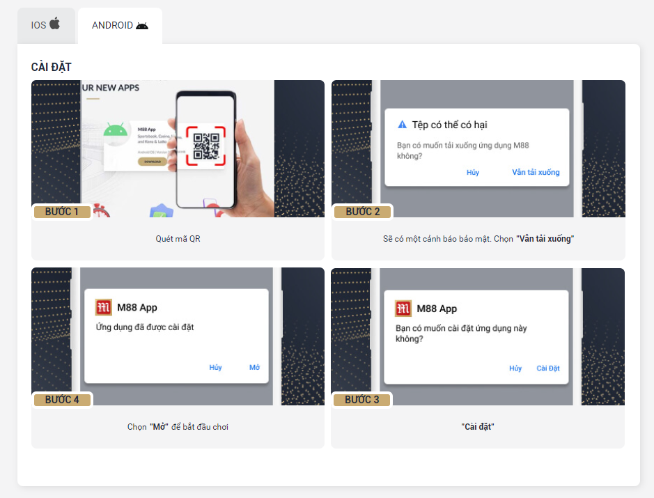 Các bước hướng dẫn chi tiết tải M88 bằng điện thoại Androis