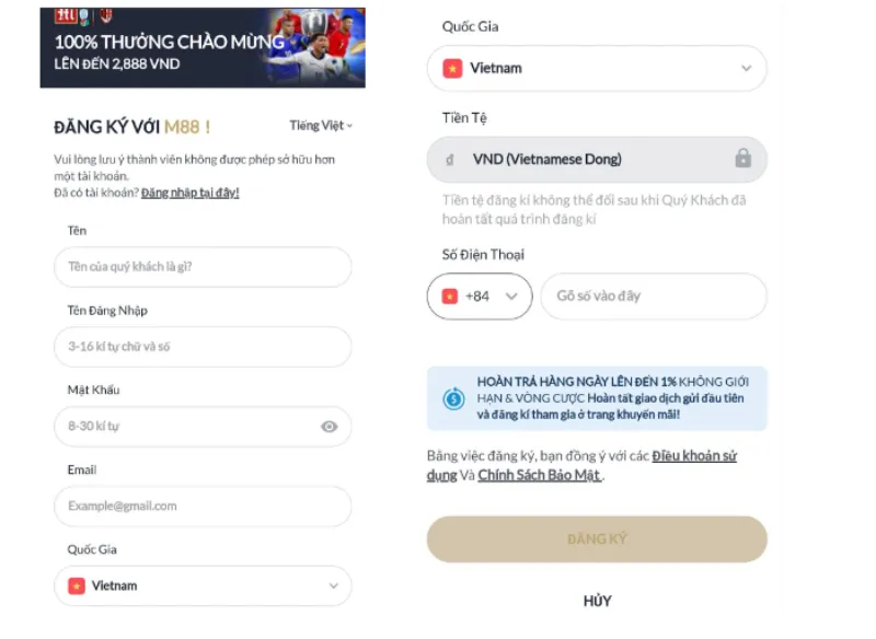 Đăng ký tài khoản M88 chi tiết